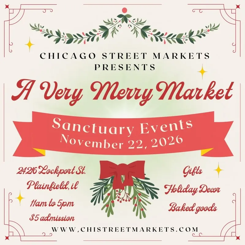 A Very Merry Market poster with festive greenery and a red ribbon