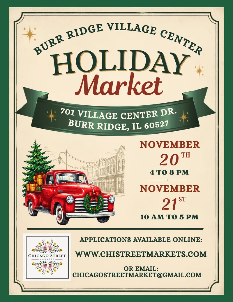 Burr Ridge Village Center Holiday Market poster with a red truck and tree