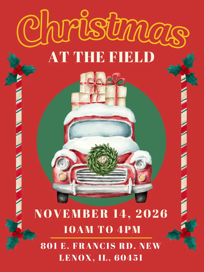 Christmas at the Field poster with a red vintage truck carrying gifts