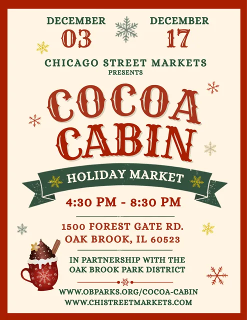 Cocoa Cabin Holiday Market poster with a mug of cocoa and snowflakes