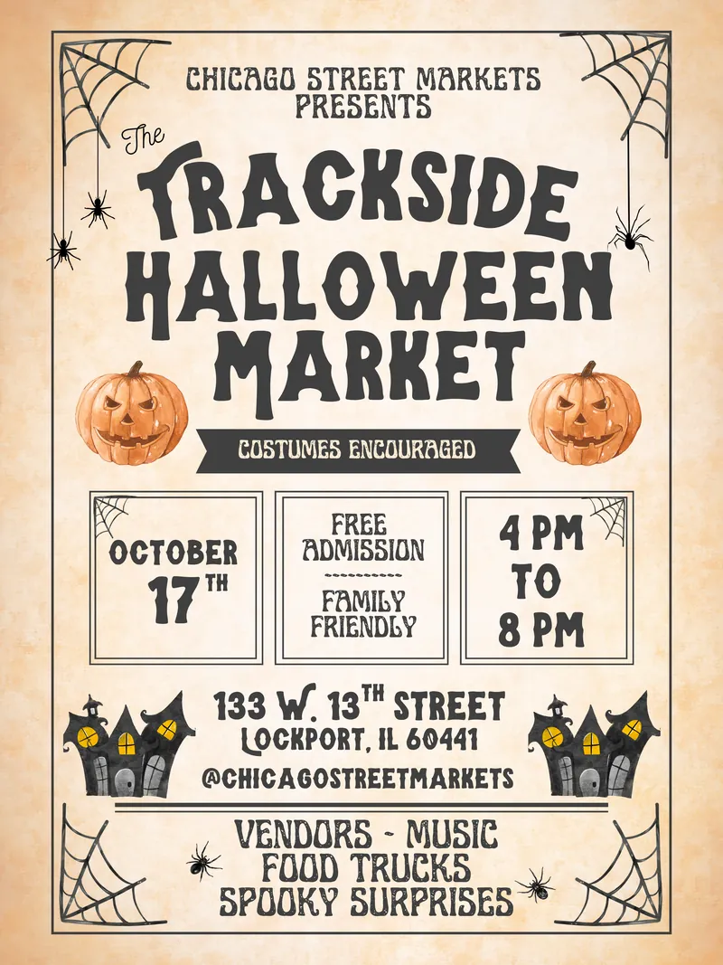 Trackside Halloween Market poster with jack-o-lanterns and cobwebs