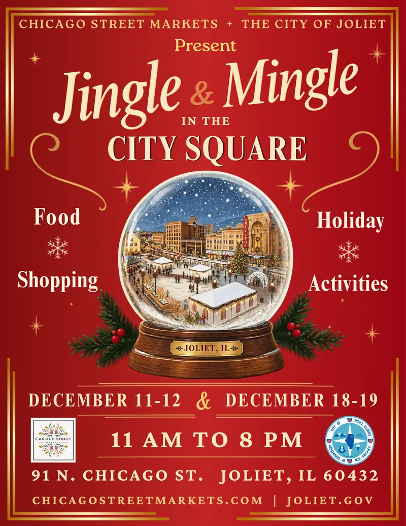 Jingle and Mingle in the City Square poster with a snow globe of downtown Joliet
